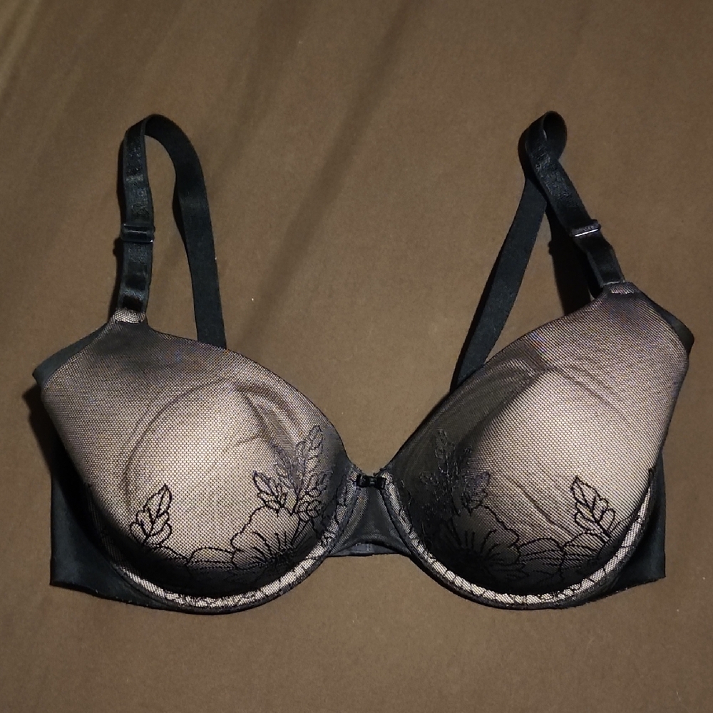 Warner's Side Smoothing  Black Sheer Lace Overlay  Underwire Bra 36D